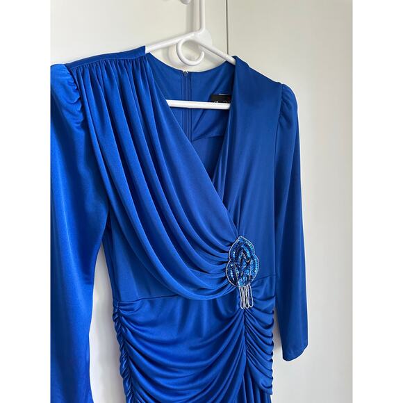 Vintage 80s Dynasty Cobalt Blue Dress Size 10 Draped Midi Length Sexy Party - Picture 11 of 12